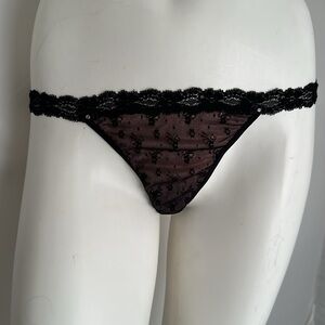 Jezebel black lace over pink nylon stretch thong panty